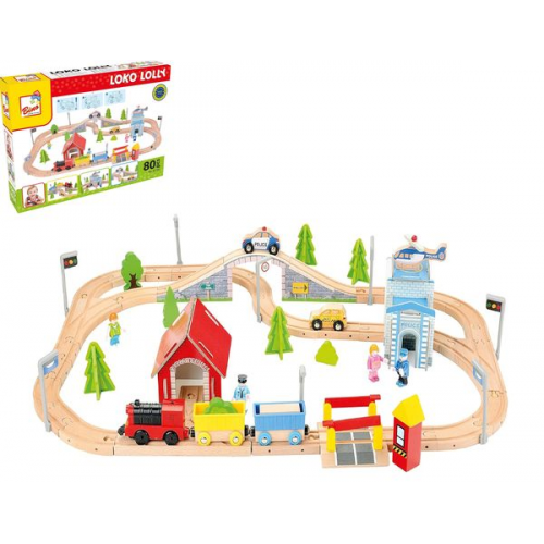 Bino 82207 - Loko Lolly Holzeisenbahn, Spielset, 80-teilig, elektronische Lok mit Waggons