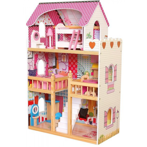 Bino 83554 - Puppenhaus mit drei Etagen, möbliert, 17-teilig, Holz, 90x60x30cm