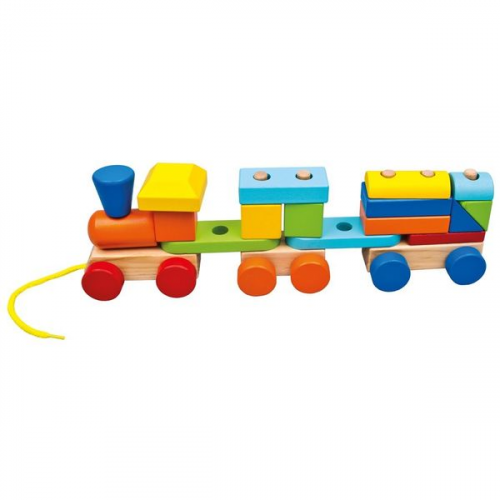 Bino 84089 - Holzzug, bunt, 19 tlg., Lok mit 2 Waggons, Holz