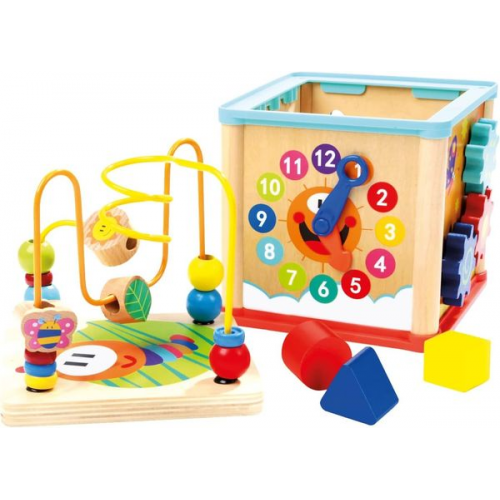 Bino 84211 - Motorikwürfel mit Uhr, Baby-Activity-Center, Holz