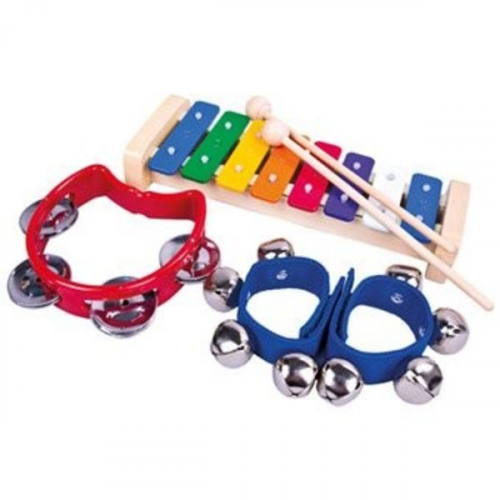 Bino 86589 - Musikset, Instrumenten-Set (Xylophon, Schellen-Armband, Tamburin), 3-teilig