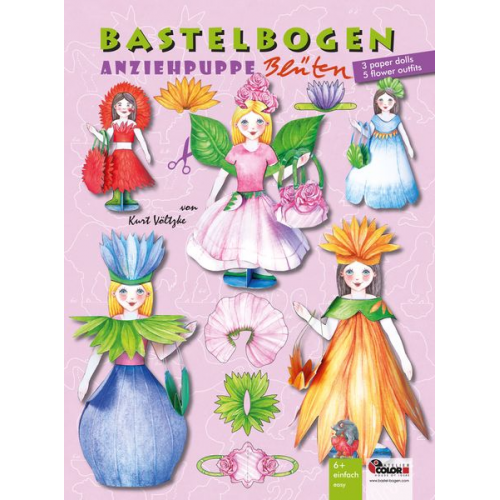 Anziehpuppe Blüten Bastelbogen mit 3 Puppen aus Papier und 5 Outfits