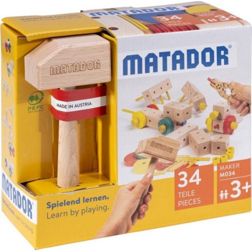 MATADOR 21034 - Maker M034, Baukasten, Holz, 34 Teile, Konstruktionsbaukasten-Einstiegskasten, ab 3 Jahren, Spielend lernen!