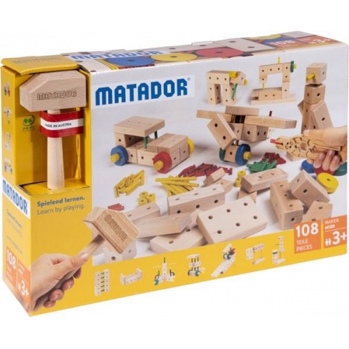 MATADOR 21108 - Maker M108, Baukasten, Holz, 108 Teile, Konstruktionsbaukasten, ab 3 Jahren, Spielend lernen!