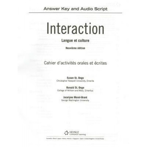 Susan St Onge Ronald St Onge Scott Powers - Sam Answer Key with Audio Script for St. Onge/St. Onge/Powers' Interaction: Langue Et Culture, 9th