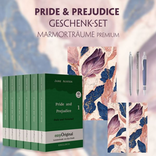 Jane Austen - Stolz und Vorurteil Geschenkset - 6 Bücher (Softcover + Audio-Online) + Marmorträume Schreibset Premium