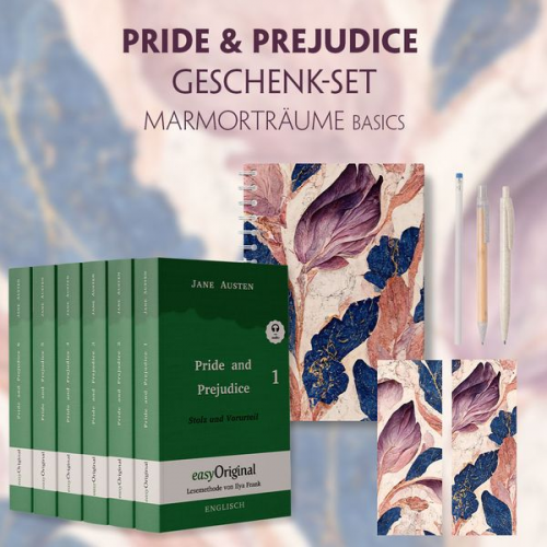 Jane Austen - Stolz und Vorurteil Geschenkset - 6 Bücher (Hardcover + Audio-Online) + Marmorträume Schreibset Basics