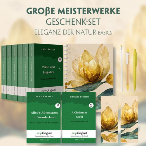 Jane Austen Charles Dickens Lewis Carroll - Große Meisterwerke Geschenkset - 8 Bücher (Softcover+ Audio-Online) + Eleganz der Natur Schreibset Basics