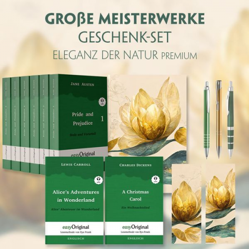 Jane Austen Charles Dickens Lewis Carroll - Große Meisterwerke Geschenkset - 8 Bücher (Softcover+ Audio-Online) + Eleganz der Natur Schreibset Premium