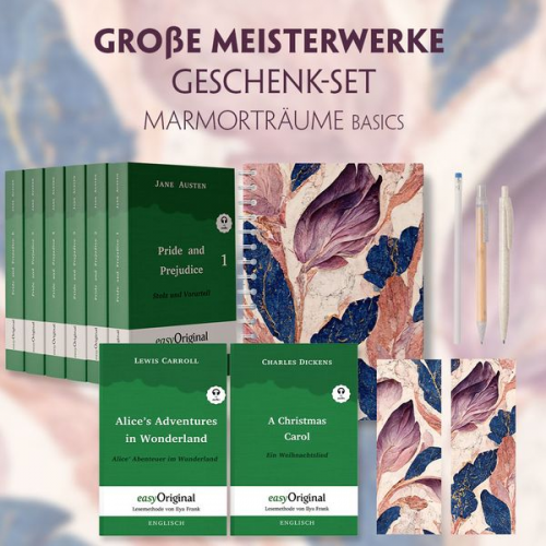 Jane Austen Charles Dickens Lewis Carroll - Große Meisterwerke Geschenkset - 8 Bücher (Softcover+ Audio-Online) + Marmorträume Schreibset Basics