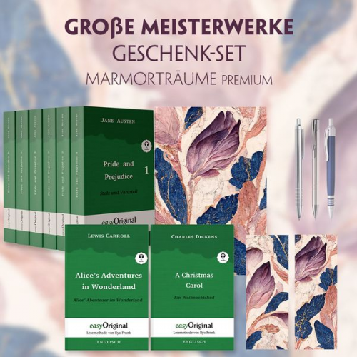 Jane Austen Charles Dickens Lewis Carroll - Große Meisterwerke Geschenkset - 8 Bücher (Softcover+ Audio-Online) + Marmorträume Schreibset Premium