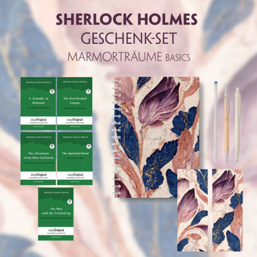 Arthur Conan Doyle - Sherlock Holmes Geschenkset - 5 Bücher (mit Audio-Online) + Marmorträume Schreibset Basics