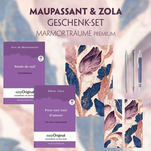 Guy de Maupassant Emile Zola - Guy de Maupassant & Émile Zola Geschenkset - 2 Bücher (mit Audio-Online) + Marmorträume Schreibset Premium