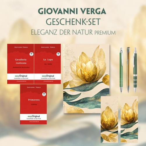 Giovanni Verga - Giovanni Verga Geschenkset - 3 Bücher (mit Audio-Online) + Eleganz der Natur Schreibset Premium