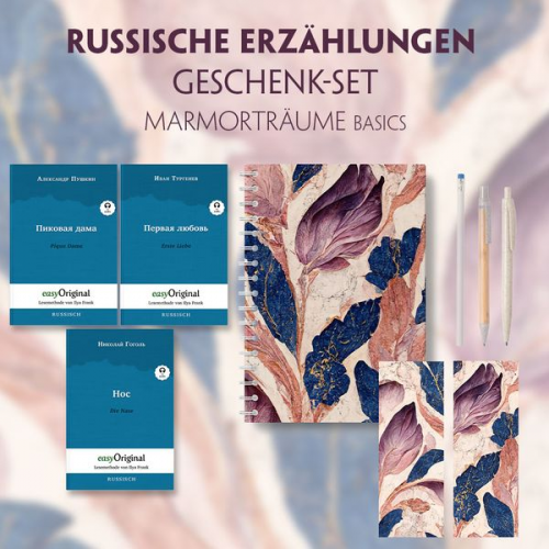 Nikolai Wassiljewitsch Gogol Alexander Puschkin Iwan Turgenew - Russische Erzählungen Geschenkset - 3 Bücher (mit Audio-Online) + Marmorträume Schreibset Basics