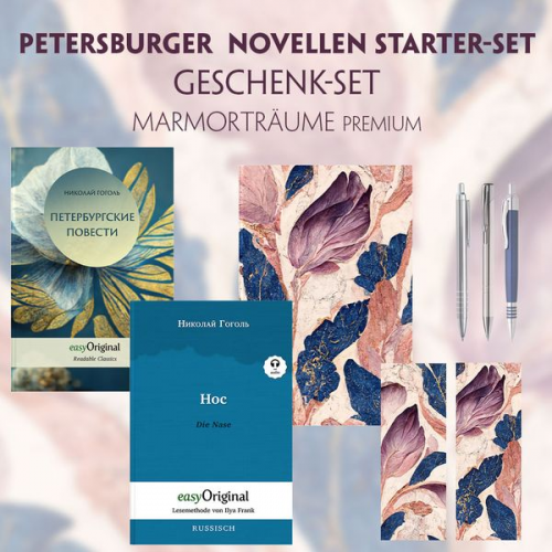 Nikolai Wassiljewitsch Gogol - Petersburger Novellen Starter-Paket Geschenkset - 2 Bücher (mit Audio-Online) + Marmorträume Schreibset Premium