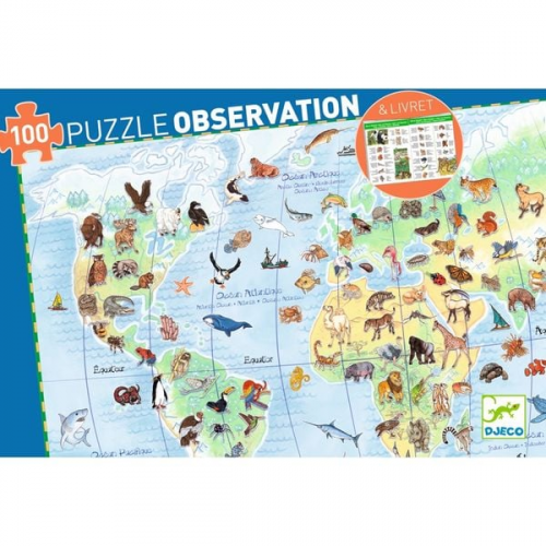 Djeco - Entdeckerpuzzle: World's animals + booklet - 100 pcs