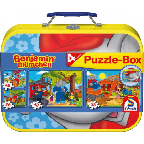 Schmidt Spiele - Benjamin Blümchen, Puzzle-Box, 2x26, 2x48 Teile im Metallkoffer