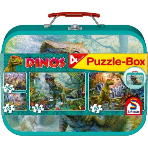 Schmidt Spiele - Dinos, Puzzle-Box, 2x60, 2x100 Teile im Metallkoffer