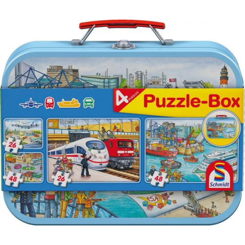 Puzzle Box Schmidt Spiele Verkehrsmittel im Metallkoffer 2x26, 2x48 Teile