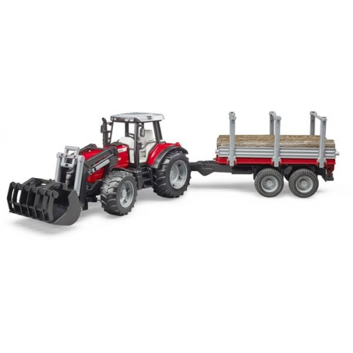 Bruder - Massey Ferguson 7480 mit Frontlader und Holztransportanhänger und 3 Bau