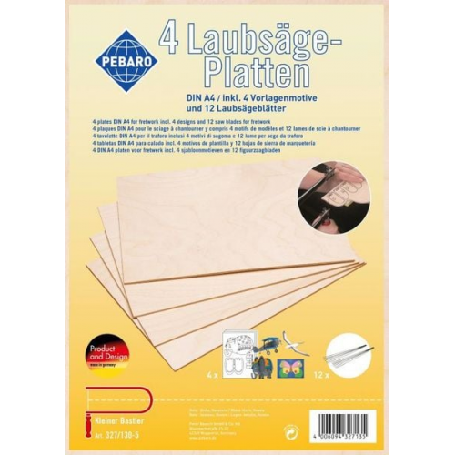 4 Laubsägesperrholzplatten DIN A 4,inkl. 4 Vorlagenmotive und 12 Laubsägeblätt