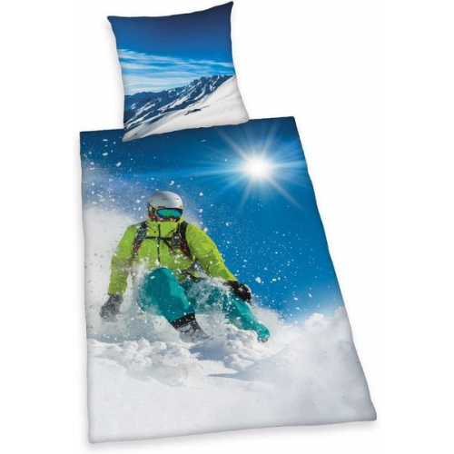 Herding 4459251050 - Young Collection, Ski Fahrer, Bettwäsche-Set, Cotton, blau, 80x80cm, 135x200cm