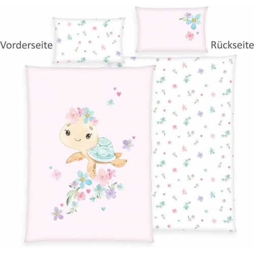 Herding 2485260063 - babybest® Bettwäsche, Little Turtle, Baumwolle/Renforcé, weiß/rosa, 40x60/100x135 cm