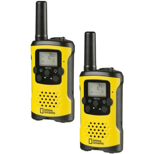 National Geographic 9111450 - Walkie-Talkies 2er-Set, Funkgeräte mit hoher Reichweite bis zu 6 km, Frei-Hand-Funktion, gelb/schwarz