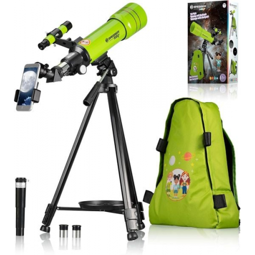 Bresser Junior 8850610 - Teleskop 70/400 mit Rucksack, Kinderteleskop, Linsenteleskop mit Zubehör, grün, STEM