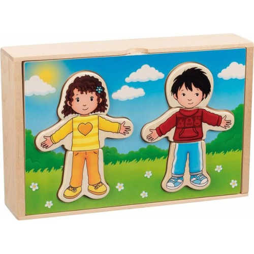 Goki 57475 - Anziehpuppenpuzzle Junge und Mädchen, im Holzkasten