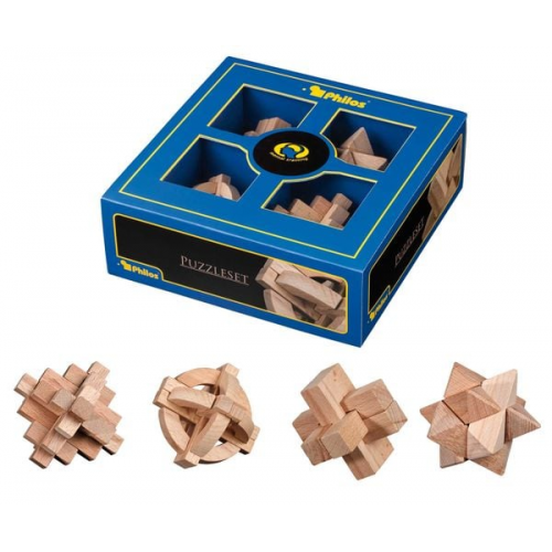 Philos 3502 - Puzzleset 2, Holz, 4-teilig, Puzzlespiele, Denkspiele, Knobelspiele, Schwierigkeitsgrad: mittelschwer, Geschenkbox