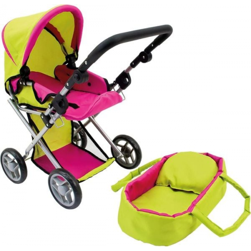 Bino 82910 - Puppenwagen mit Babytasche, für Puppen von ca. 45 cm, zusammenklappbar, grün-pink