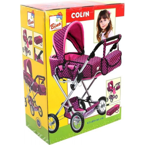 Bino 82916 - Colin Puppenwagen mit Tasche, Hängetasche und Netz, zusammenklappbar, rosa/schwarz