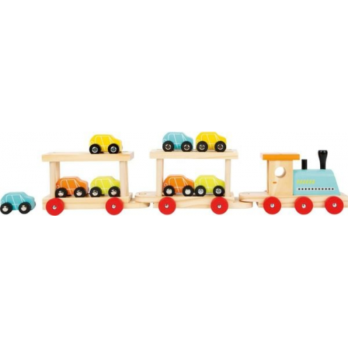 Small foot 7006 - Holzeisenbahn, Autozug mit zwei Waggons und 8 Autos, Holz, 11-teilig, 52x7x15cm