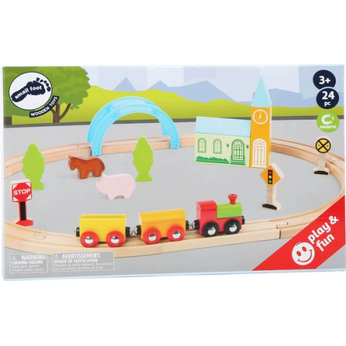 Small foot 11490 - Holzeisenbahn-Set Stadt und Land, play & fun, Spielset, Holz, 24-teilig, aufgebaut 45x59x9cm