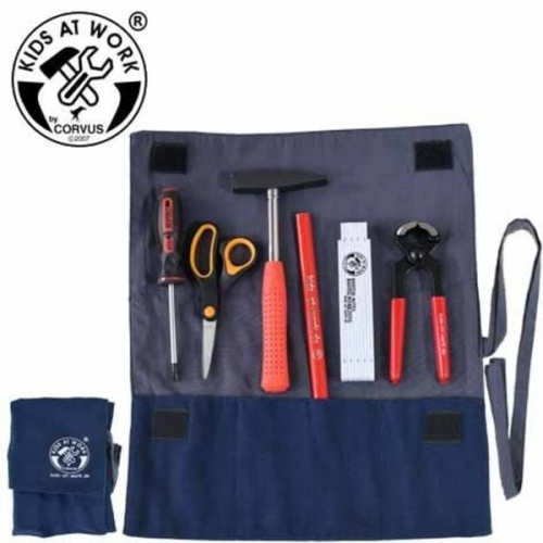 Corvus A600346 - Kids-at-Work, Werkzeugrolle klein Set1 (mit Werkzeug), Werkzeugtasche mit 4 Fächer, Stoff, blau, 20x29cm