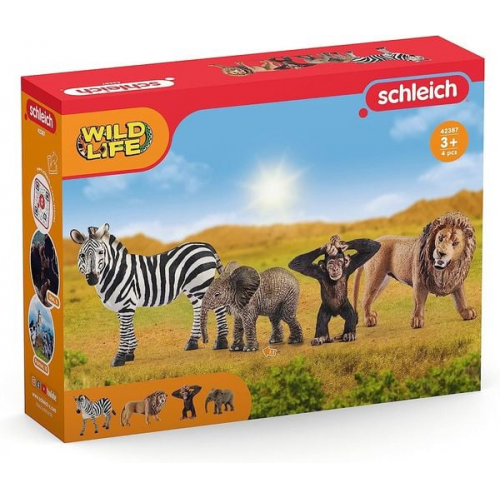 Schleich 42387 - Wild Life Starter-Set (Löwe, Zebra, Elefantenbaby, Schimpanse), 4-teilig