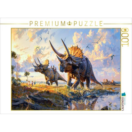 CALVENDO Puzzle Kinder spielen mit Triceratops Dinosauriern | 1000 Teile Lege-Größe 64x48cm Foto-Puzzle für glückliche Stunden