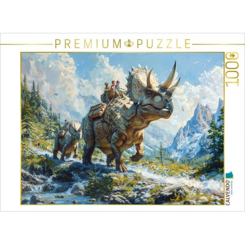 CALVENDO Puzzle Bergwanderung - Menschen mit Dinosaurier Triceratops | 1000 Teile Lege-Größe 64x48cm Foto-Puzzle für glückliche Stunden