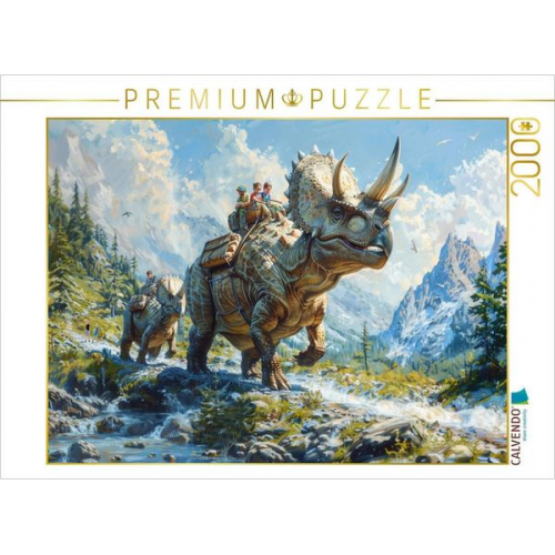 CALVENDO Puzzle Bergwanderung - Menschen mit Dinosaurier Triceratops | 2000 Teile Lege-Größe 90x67cm Foto-Puzzle für glückliche Stunden