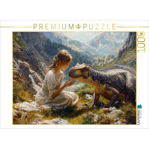 CALVENDO Puzzle Streicheleinheiten - junge Frau und Dinosaurier | 1000 Teile Lege-Größe 64x48cm Foto-Puzzle für glückliche Stunden