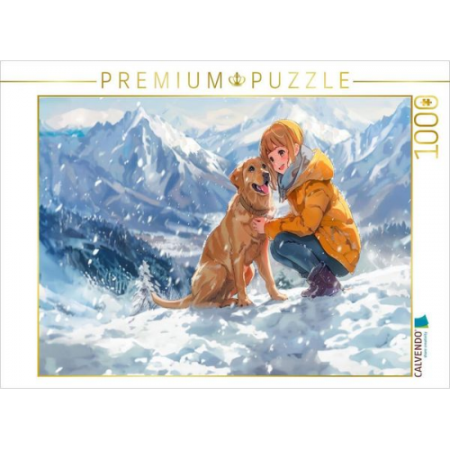 CALVENDO Puzzle Anime-Mädchen auf einer Winterwanderung in den Bergen mit Hund. | 1000 Teile Lege-Größe 64x48cm Foto-Puzzle für glückliche Stunden