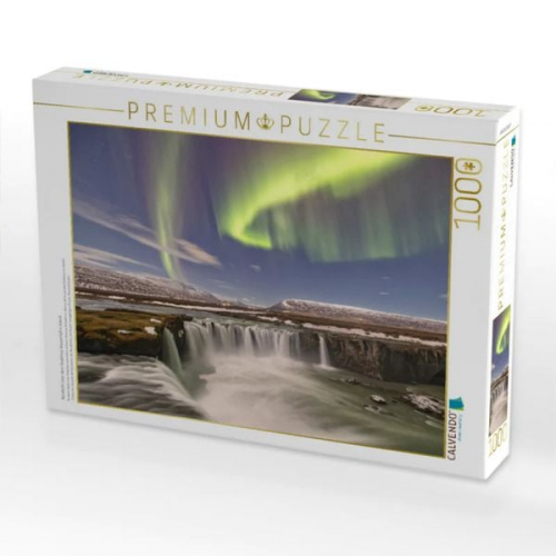 CALVENDO Puzzle Nordlicht über dem Godafoss Wasserfall in Island | 1000 Teile Lege-Größe 64x48cm Foto-Puzzle für glückliche Stunden