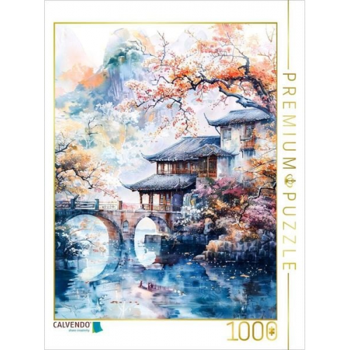 CALVENDO Puzzle Bergdorf mit Brücke. Chinesische Häuser. Aquarellmalerei | 1000 Teile Lege-Größe 64x48cm Foto-Puzzle für glückliche Stunden