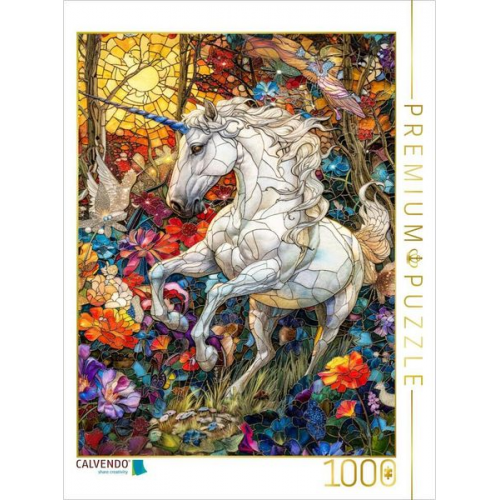 CALVENDO Puzzle Ein majestätisches Einhorn prangt auf einer farbenfrohen Blumenwiese | 1000 Teile Lege-Größe 64x48cm Foto-Puzzle für glückliche Stunde