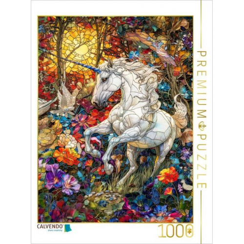 CALVENDO Puzzle Einhorn rennt auf einer farbenfrohen Blumenwiese | 1000 Teile Lege-Größe 64x48cm Foto-Puzzle für glückliche Stunden