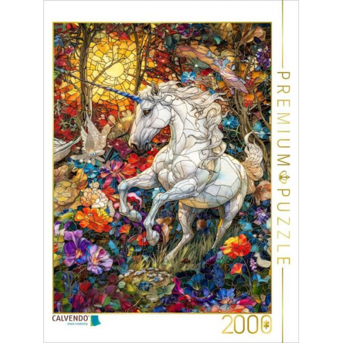 CALVENDO Puzzle Einhorn rennt auf einer farbenfrohen Blumenwiese | 2000 Teile Lege-Größe 90x67cm Foto-Puzzle für glückliche Stunden