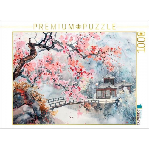 CALVENDO Puzzle Chinesischer Tempel zur Kirschblüte als Tuschezeichnung | 1000 Teile Lege-Größe 64x48cm Foto-Puzzle für glückliche Stunden