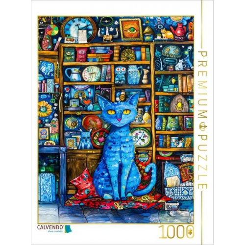 CALVENDO Puzzle Katze sitzt auf Kissen in Bibliothek | 1000 Teile Lege-Größe 64x48cm Foto-Puzzle für glückliche Stunden